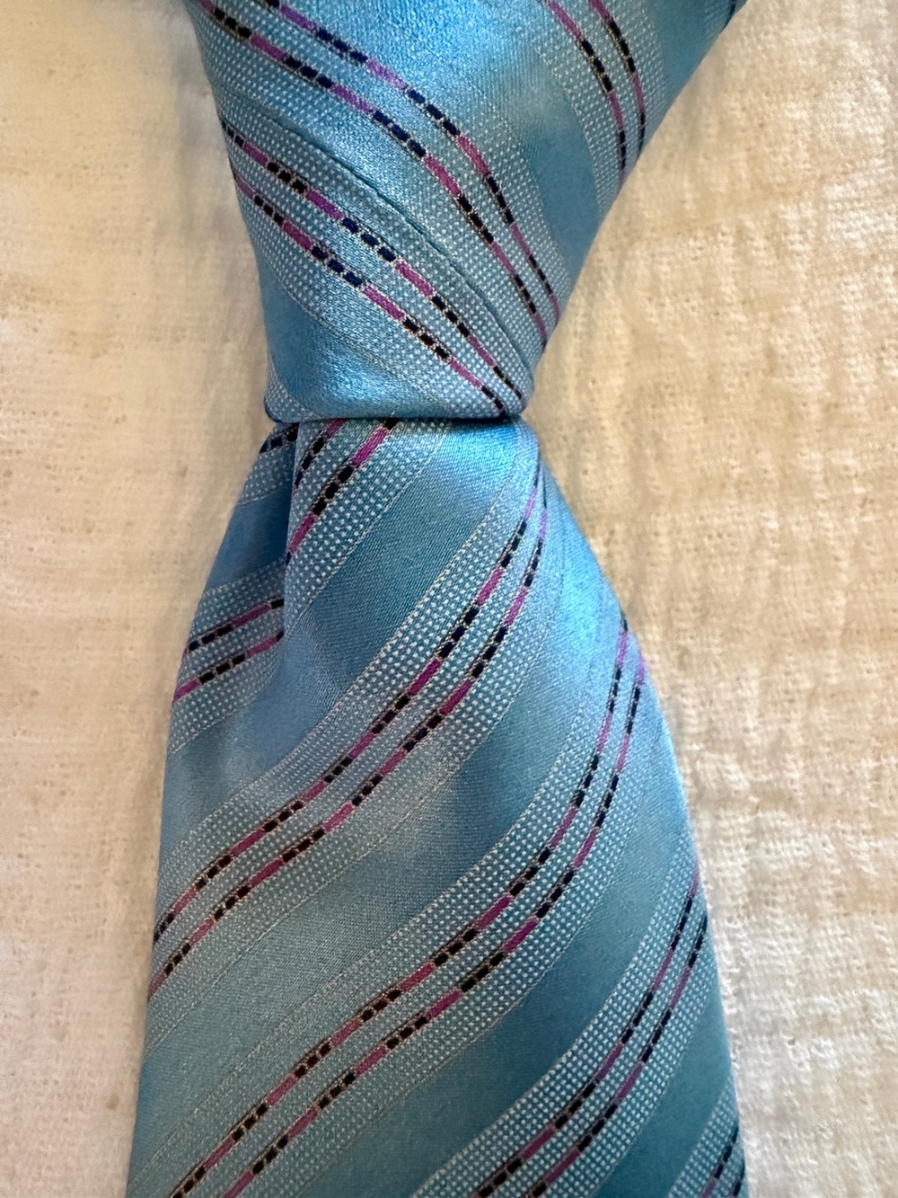 DOLCEPUNTA Blue Stripe 100% Silk Tie with Purple, Silver and Black Accent